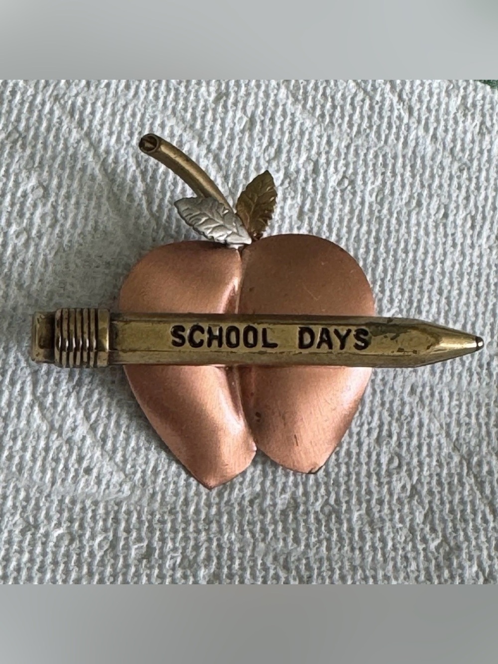 Vintage Tri Color Copper Tone Teacher 'School Days' Apple & Pencil Brooch/Pin